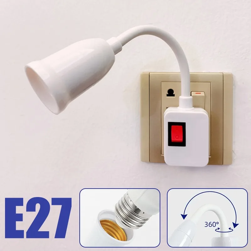 Enchufe de lámpara E27, soporte de bombilla de cabeza LED, curva Flexible ajustable con interruptor, enchufe de UE, EE. UU., Reino Unido, Base de lámpara de mesa LED de ahorro de energía