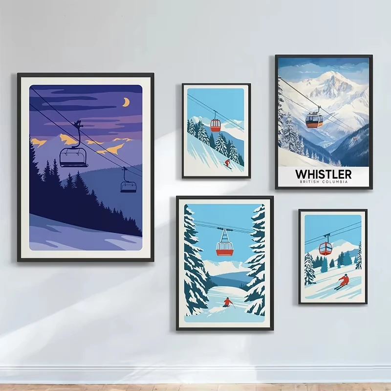 Affiche nordique minimaliste de ski sur neige, impression moderne, peinture sur toile de coucher de soleil sur neige, art mural, décoration pour la maison, la chambre à coucher, le salon