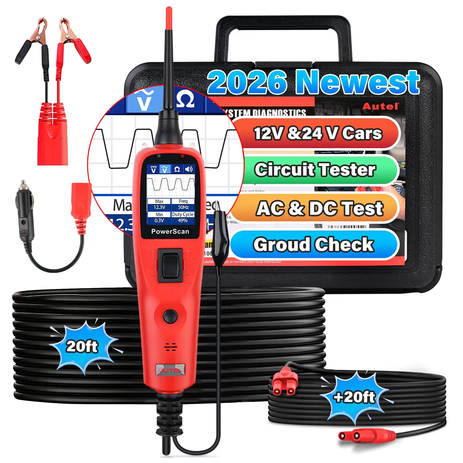 Autel PowerScan PS100 Automotive Circuit Tester 12-24V Power Circuit Probe Tool Electrical Short Open Breaker Finder AC/DC Voltage Current Resistance Detection Trailer Light Test