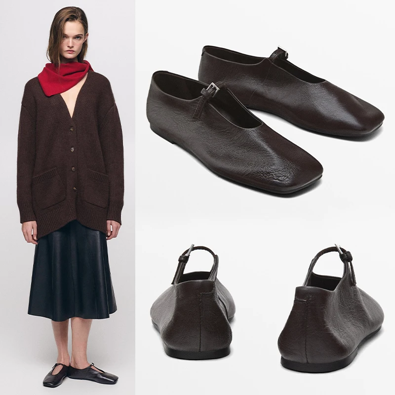 Massimo Dutti Damen-Ballett, flach, OES, echtes Leder, Mary Janes, quadratischer Kopf, Cra-Muster, blau, erschwinglich, Freizeitschuhe