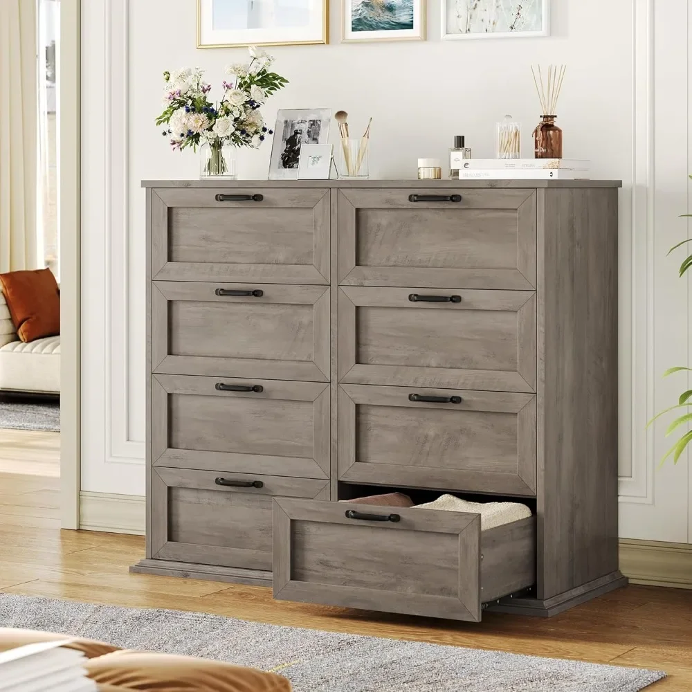 Dresser for Bedroom Wooden,Farmhouse Grey Wood with 8 Drawers,Chest of Drawers for Bedroom Large Capacity Closet Dresser