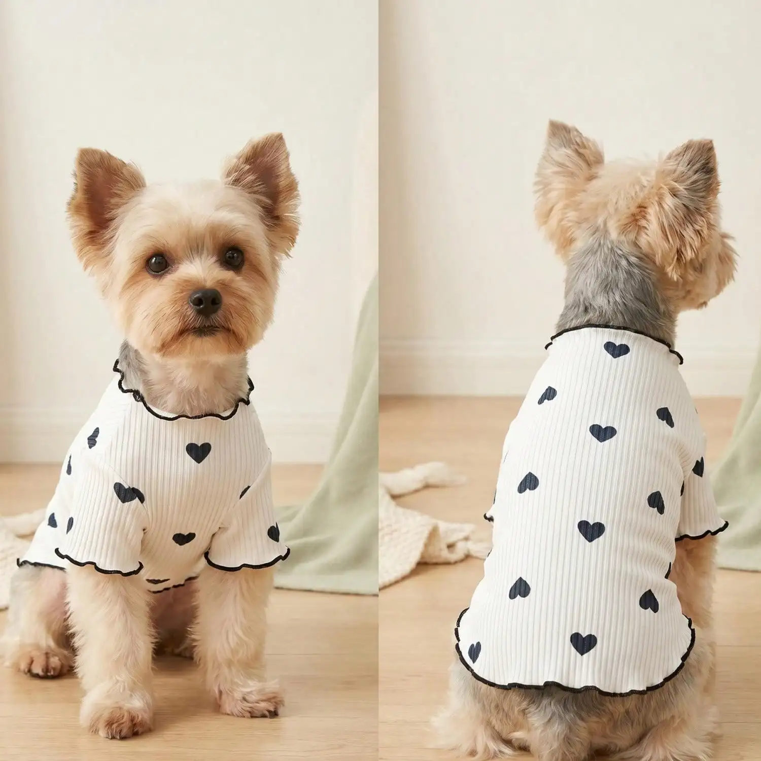 Geripptes Haustier-T-Shirt mit Herz- und Schleifendruck und Rüschenbesatz für kleine Hunde und Katzen – Detail 40