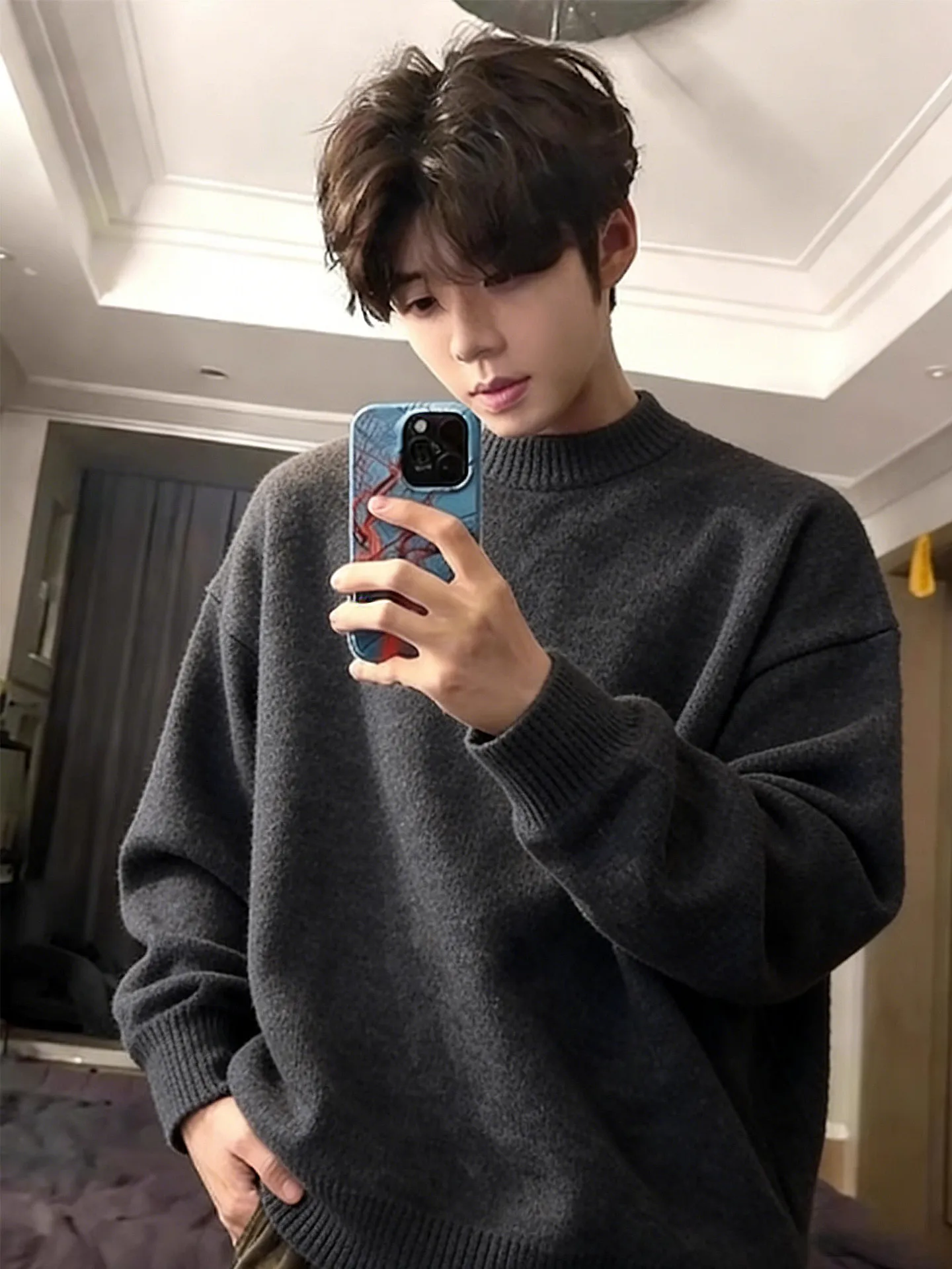 

Темно-серый мужской свитер в американском стиле, плотный, с круглым вырезом, зимний, высококачественный, для ношения под одеждой, базовая рубашка, верхняя одежда для пары, в стиле кэжуал