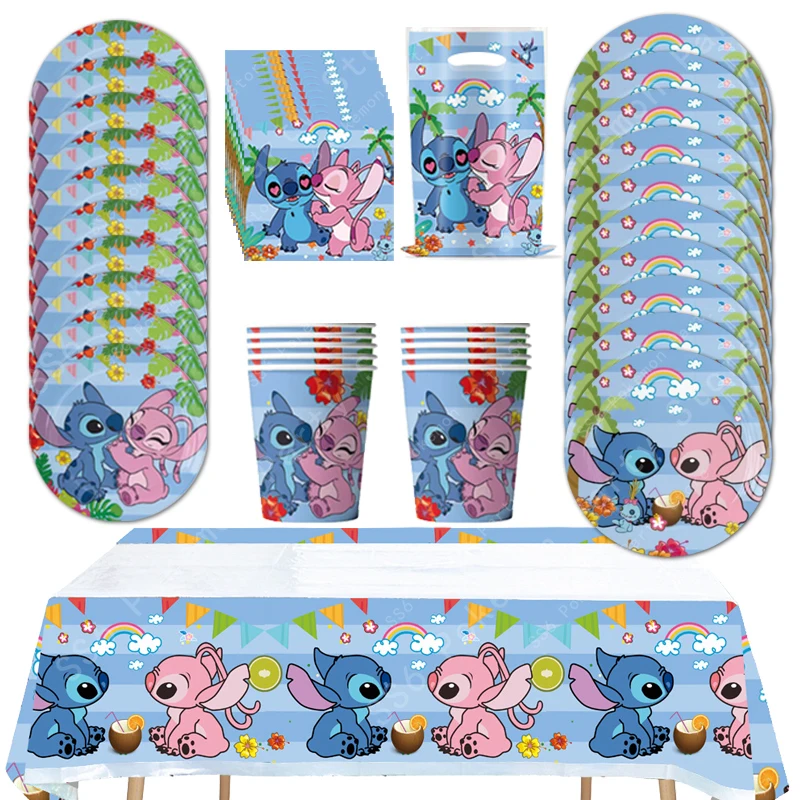 Disney Lilo und Stitch Geburtstag Party Dekoration Mädchen Junge Einweggeschirr Tischdecke Süßigkeiten Tasche Teller Pappbecher Zubehör Kit