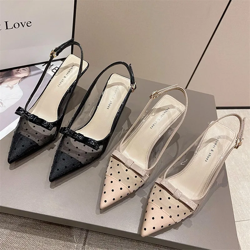 Women\'s Shoes 2024 Summer Fashion Pointy Bow Mesh Breathable Stiletto Heel Shallow Sandals for Women Zapatos De Mujer