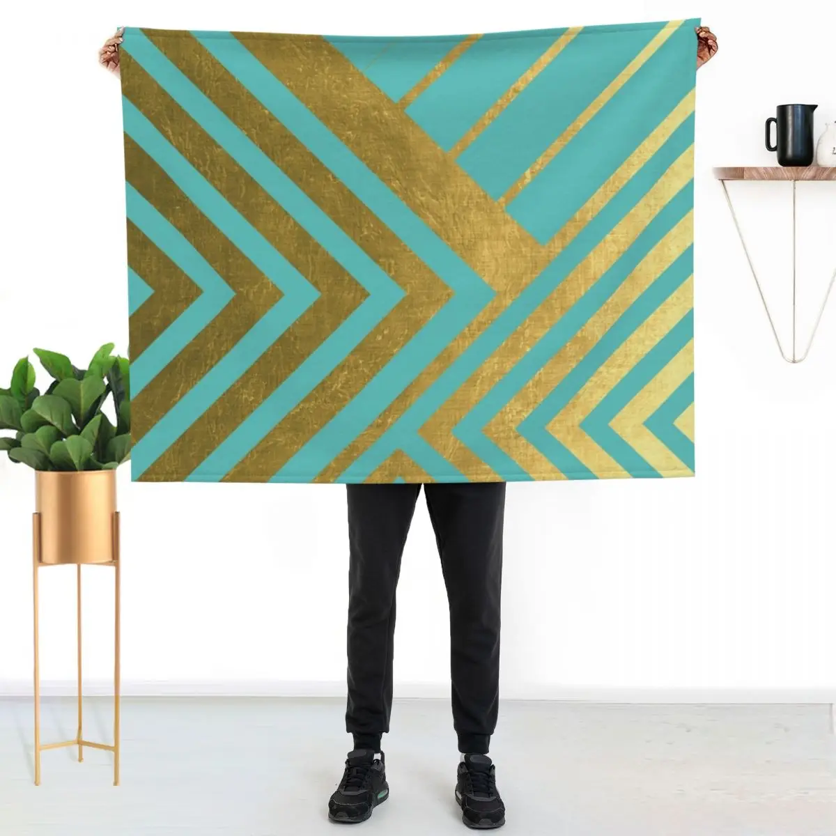 

Turquoise and Gold Geometric Luxe Throw Blanket Portable Lightweight Blanket for Travel Camping