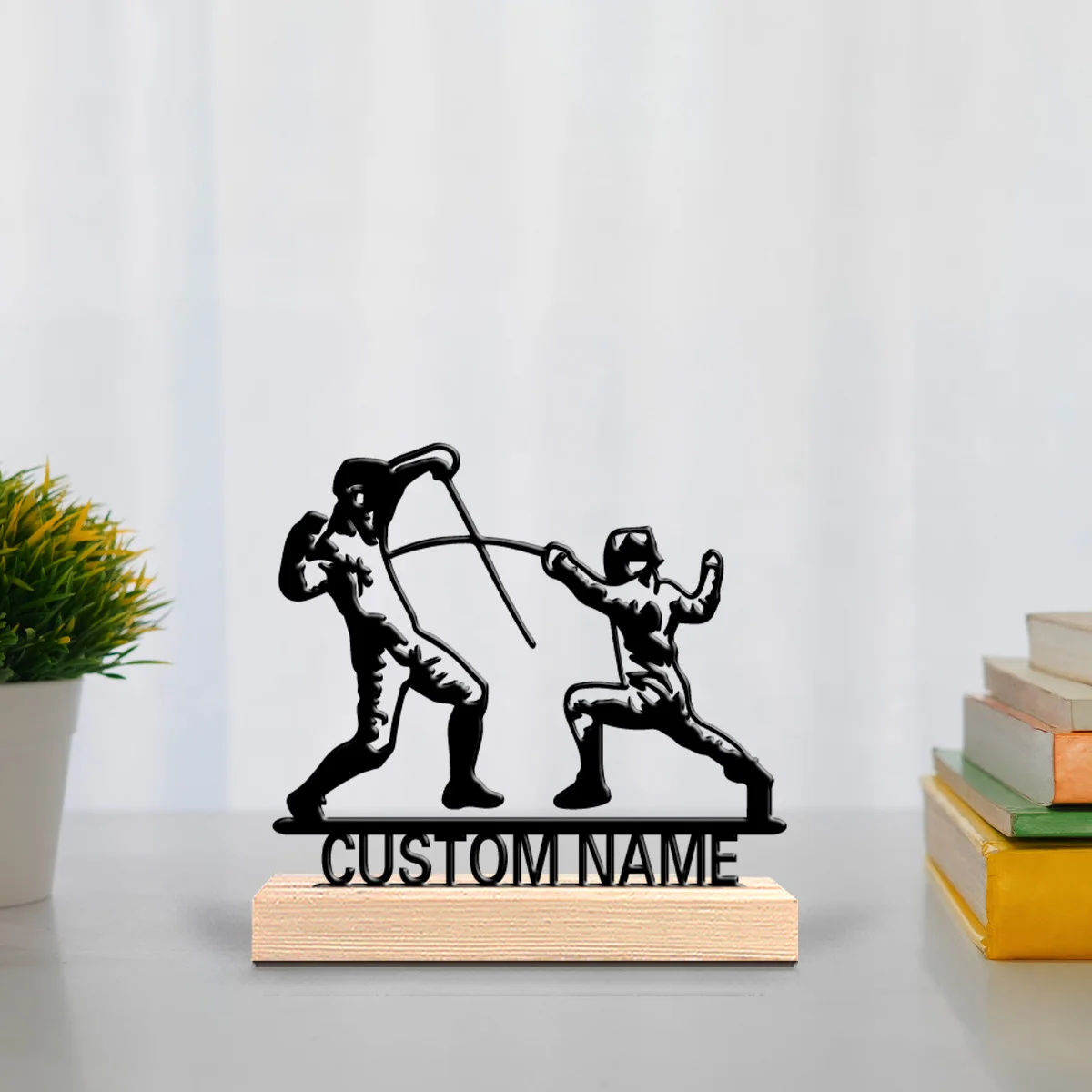 1pc Mysterious Personalized Custom Fencing Metal Statues Wooden Base Wall Decor for Living Room, Garage, Modern Industrial Style
