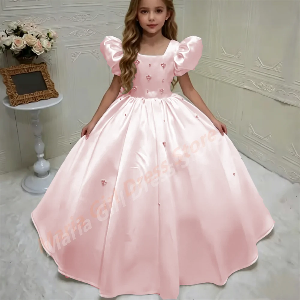 Girls Model Performance Piano Dress Birthday Bridesmaid Pageant Party Pink Fluffy Satin First Communion Beaded Ornament Dress