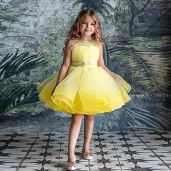 Fluffy Yellow Flower Girl Dresses Bow Tulle Knee Length Wedding Birthday Party Dress Child Sleeveless Pageant Ball Prom Gown