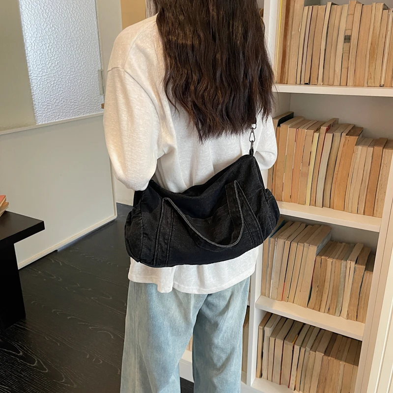 Vintage Washed Denim Cylinder Handbag Women Large Capacity Casual Duffle Bag Detachable Strap Crossbody Shoulder Bag