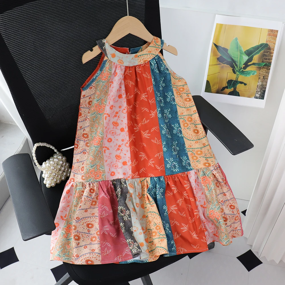 Girls Clothes Summer Kids Fashion Flower Print Girls Clothes Bohemian Style Color Block Splicing Sleeveless Neck Hanging Dresses