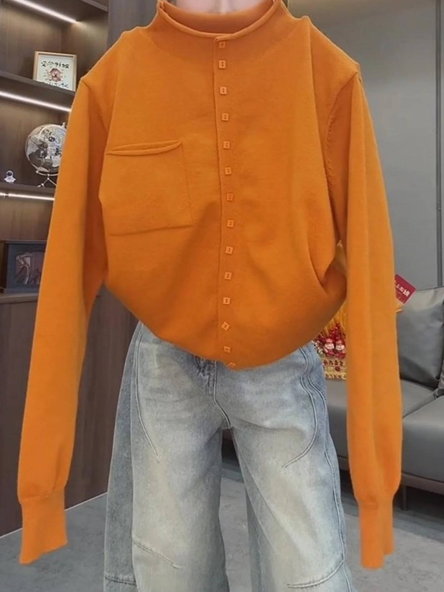 편안한 니트 롱 스웨터 캐주얼 단색 가을 겨울 싱글 버튼 슬림 스웨터 부드러운 카메라