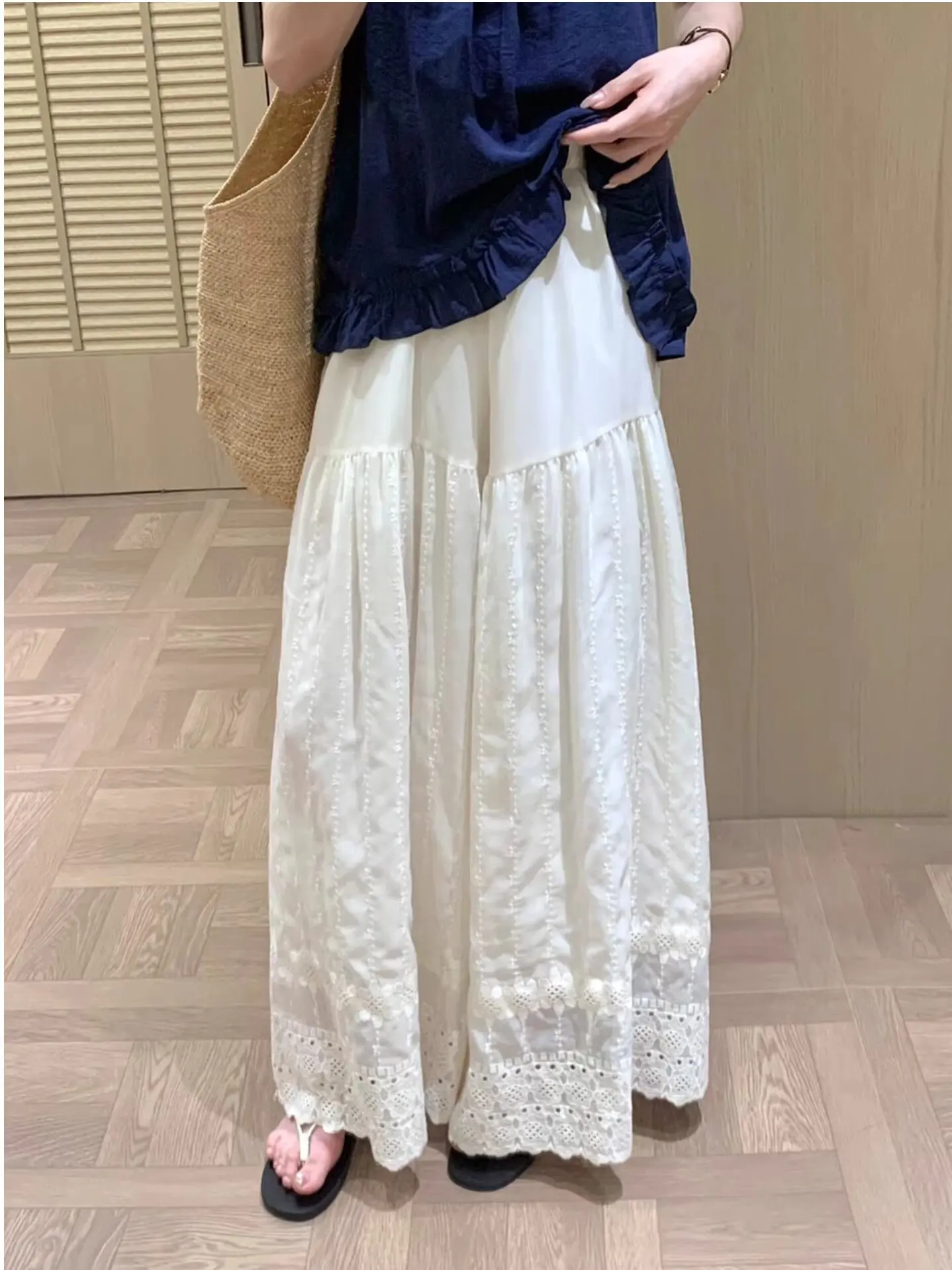 

High Waist Wide Leg Pants Women's Summer Casual Loose Fashion Slimming Hook Flower Hollow out Heavy Work Leisure Skirt Pants