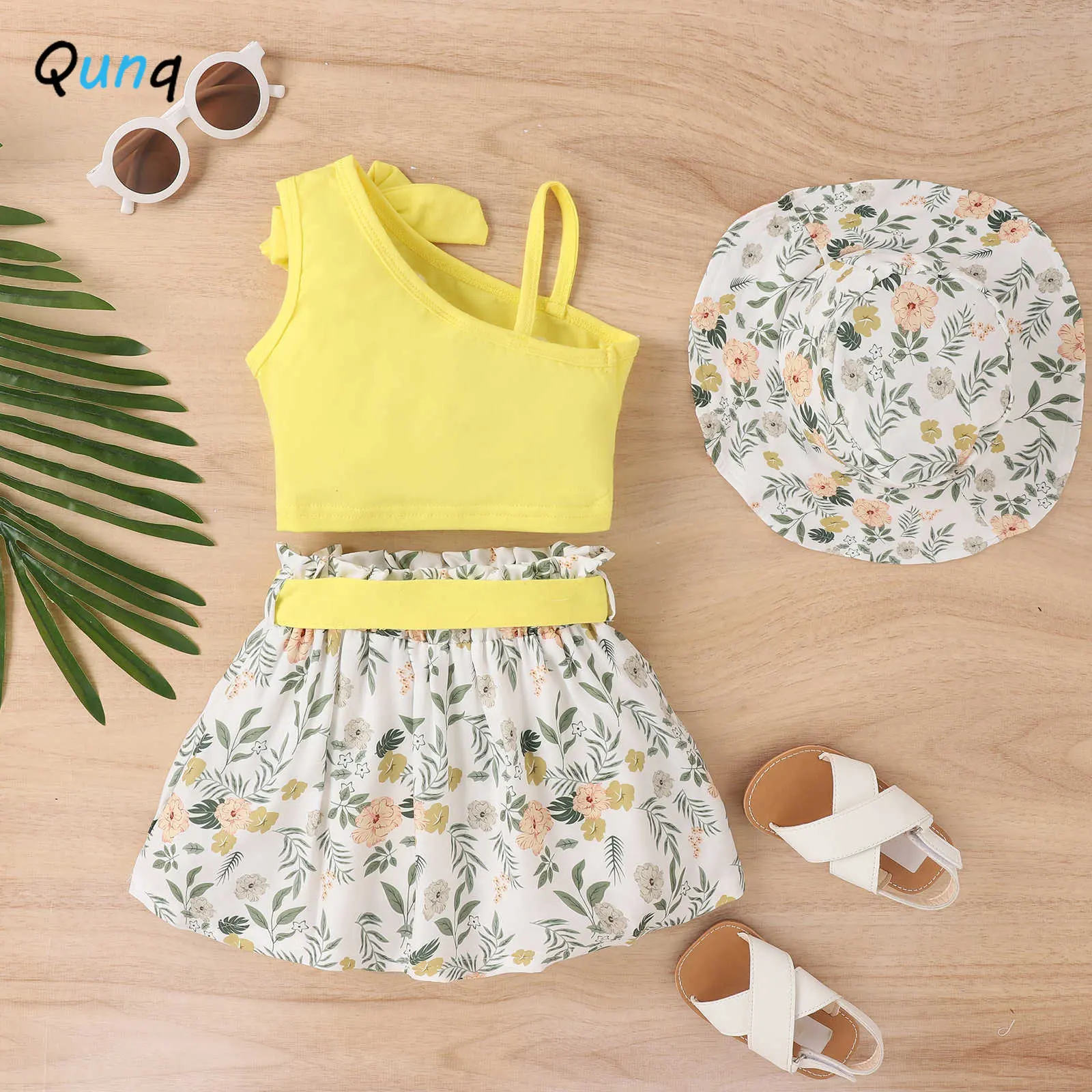 Qunq Summer New Girls Slant Shoulder Suspender Bowknot Cute Top + Print Skirt And Cap 3 Pieces Set Casual Kids Clothes Age 3T-8T