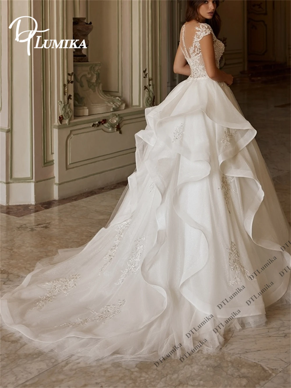 DTLumika Ruched Tulle Lace Wedding Dresses Cap Sleeves A Line Long Bride Dress Customized Women's Romantic Bridal Gown