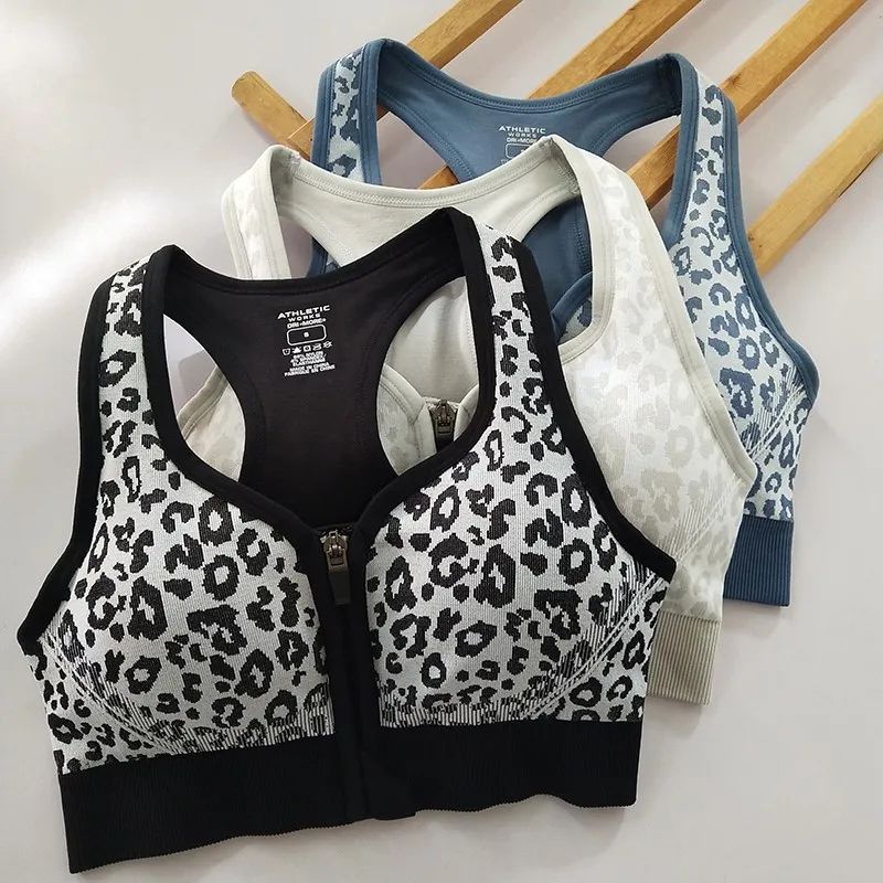 High-Intensity Gym Bra With Zipper Women Leopard Print Fitness Sport Bra Crop Top Running Yoga Vest Female Workout Underwear