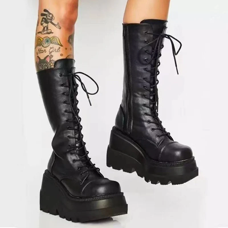 

Women Punk Boots Shoes Chunky Motorcycle Boot Cool Nightclub Party High Heel Mid-Calf Lace Decoration Casual Shoes For Female