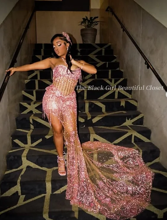 Customized Sparkling Short Irregular Trailing Evening Gowns Pink Diamond Irregular Long Trailing Gorgeous Prom Dresses