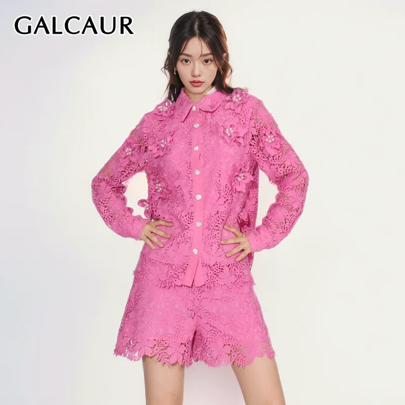 

GALCAUR Embroidery Elegant Two Piece Sets For Women Lapel Long Sleeve Tops High Waist Casual Shorts Spliced Appliques Set Female