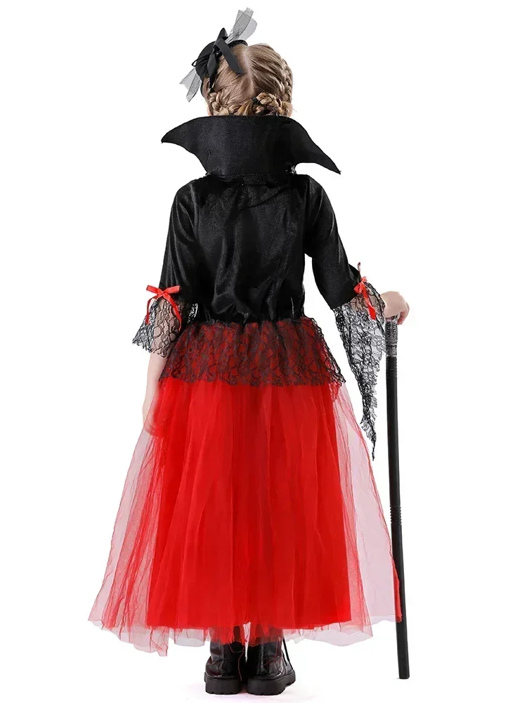 Halloween Mädchen Gothic Cosplay Kleid Kinder Dunkles Partykostüm mit Schleier, Handschuhen, Halskette und Strümpfen für Karneval Faschingskostüm – Detail 4
