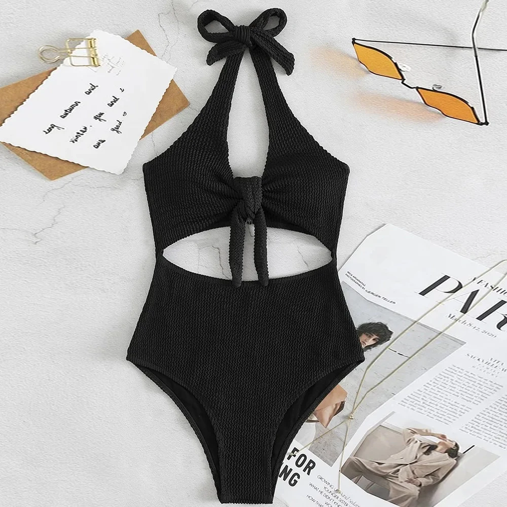 VigoBeviya 2025 Sexy Solid Halter Swimwear Women High Waist Push Up Hollow One Piece Swimsuit Monokini Summer Beach Bathing Suit