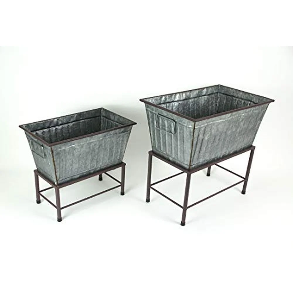 Set of 2 Galvanized Grey Zinc Finish Metal Tub Planters on Stands Perfect for Western Themes Large 20 Inches Small 17