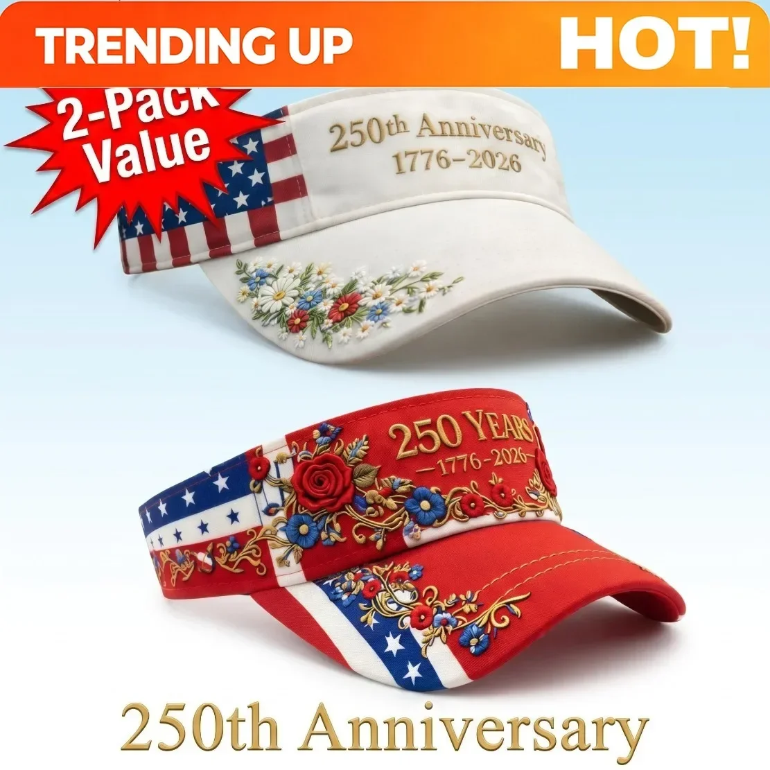 Customization 2pcs Set: American 250Th Anniversary Floral 2D Print Visor Hat. Women'S Summer Sun Protection Casual Hat