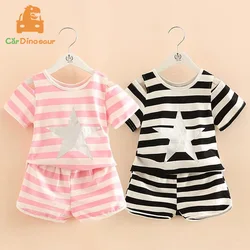 2025 Summer 2 3 4 5 6 8 10 Years Stripe Print Sports Cotton Wrap Shoulder T-Shirt+Shorts 2 Pcs Tracksuit Kids Girl Clothing Set