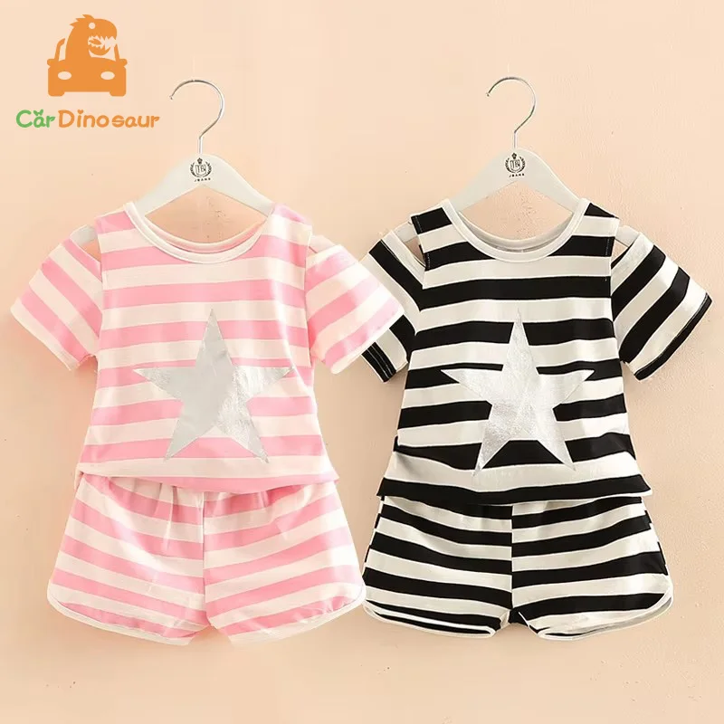 2025 Summer 2 3 4 5 6 8 10 Years Stripe Print Sports Cotton Wrap Shoulder T-Shirt+Shorts 2 Pcs Tracksuit Kids Girl Clothing Set