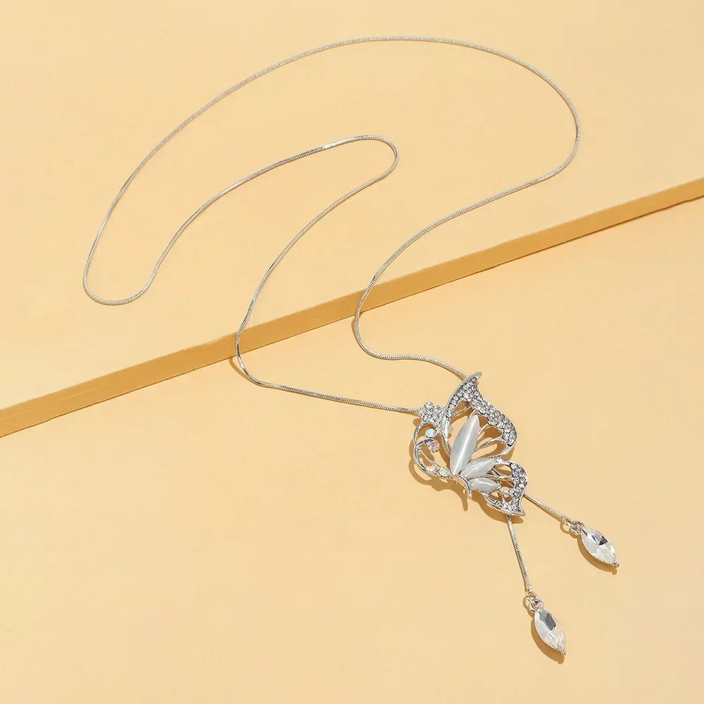 New Fashion Opal Crystal Butterfly Wings Long Necklaces & Pendants For Women Simple Elegant Trendy Jewelry Sweater Chain