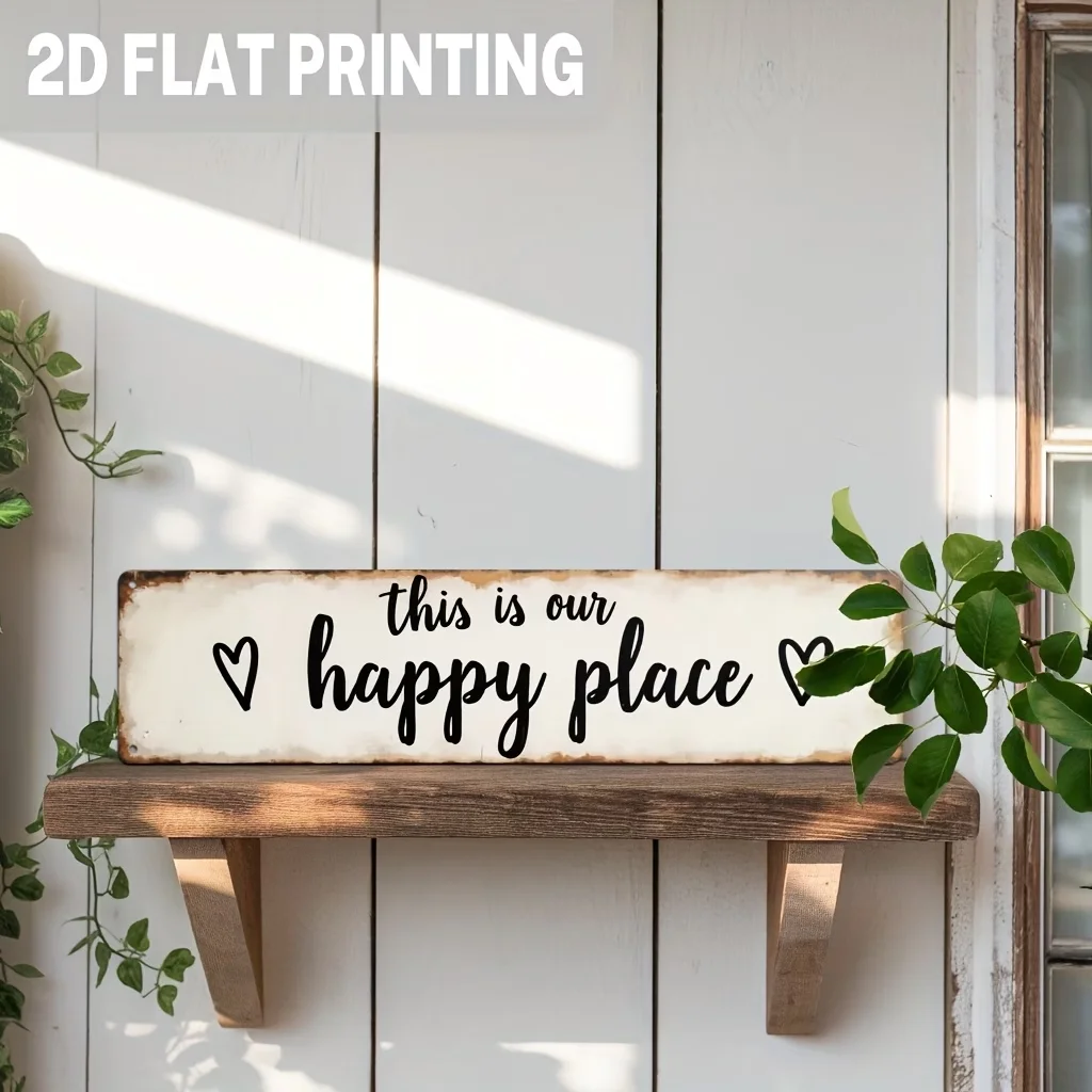 Vintage Farmhouse Wall Decor White Wood Sign Happy Place Heart Wall Art For Home Living Room Bedroom Kitchen Easy Hang
