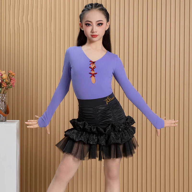 Meisjes Latin Dans Kostuum Lange Mouwen Tops Verstoorde Rok Herfst Winter Latin Dansvoorstelling Kleding Praktijk Jurk BL17153