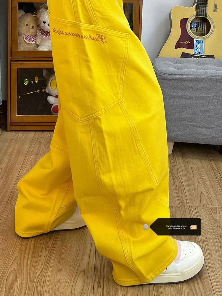 

American Style Wide Leg Jeans Women's Spring Summer New Loose Floor-Length Trousers Knife Design Classic Blue Denim