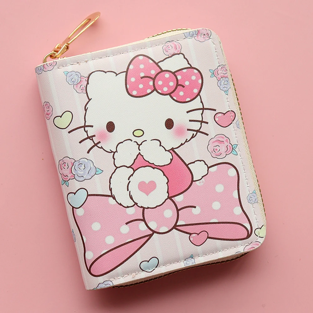 Cartoon Hello Kitty Wallet for Women Small Short Wallets Sanrio Melody Kuromi Zipper Coin Purse Girls Students Credit Card Bag