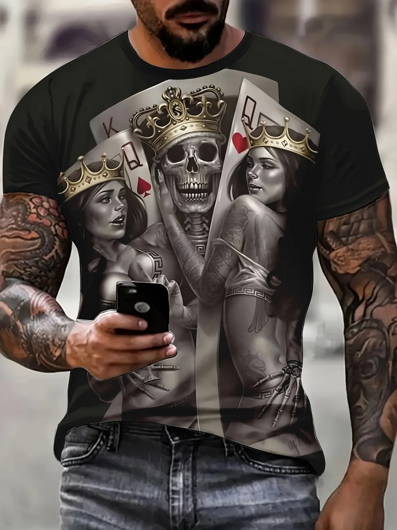 Vintage Men's 3D Casual  Design Poker Skeleton & Belle Print Short Sleeve Neck T-Shirt Retro Fashion Tee Summer Outdoor Tops