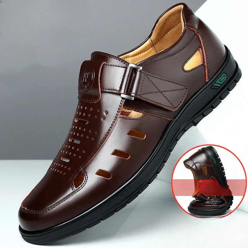 Men Sandals Genuine Leather Summer Breathable Casual Shoes Slip on Clogs Outdoor Non Slip Hand Made Beach Sandalias