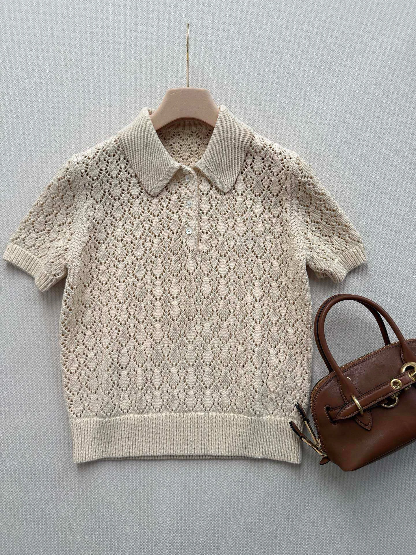 

Vintage Hollow Knit Polo Top Beige Short Sleeve Collared Button Front Casual Office Knitwear Casual Chic Solid Vintage Sweater