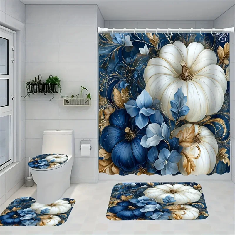 

4pcs Thanksgiving Pumpkin Blue and White Shower Curtain Set, Decorative Bathroom Set Including Waterproof Shower Curtai