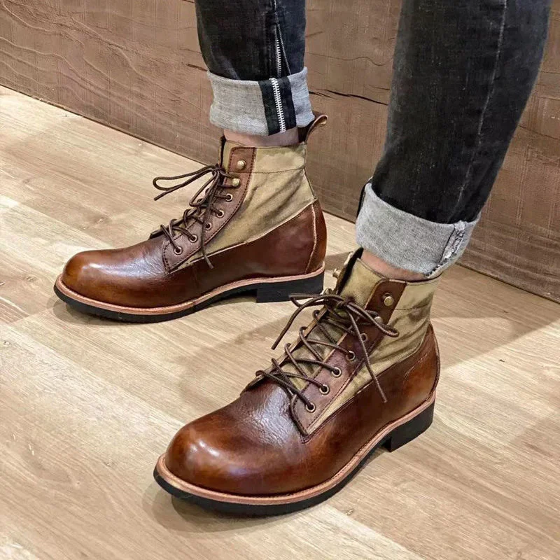 Bota de couro genuíno masculina com renda, botas retrô de motocicleta, sapato alto, botas masculinas de deserto resistentes ao desgaste, inverno