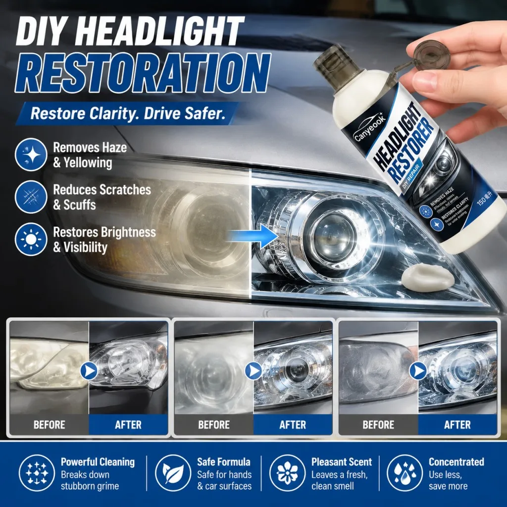 CANYEOOK Headlight Renewal Kit DIY Restore Yellowed Lights, Boost Clarity & Brightn,150mless for Night Safety, Remove Scratche