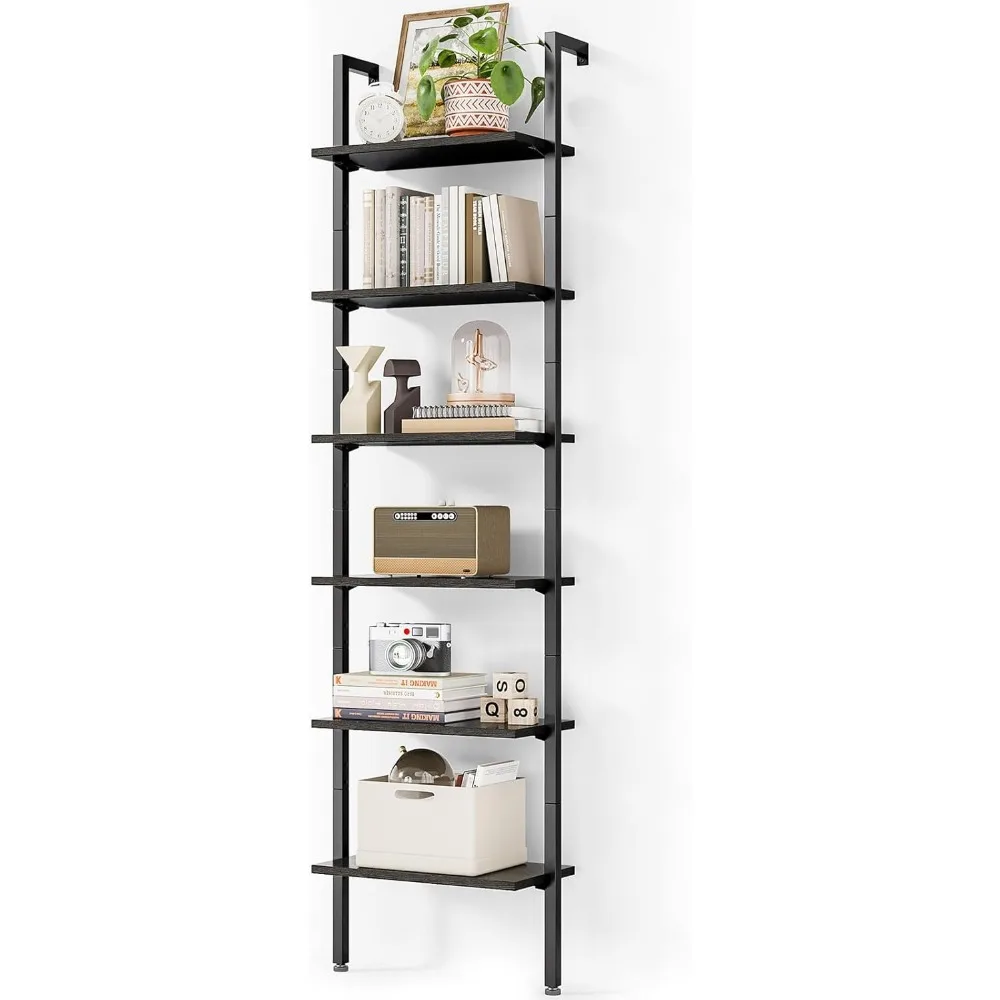 Ladder Shelf, 6 Tier Black Bookshelf, 86 Inch Wall Mounted Book Shelf with Metal Frame, Ladder Bookshelf Bookcase for Bedroo