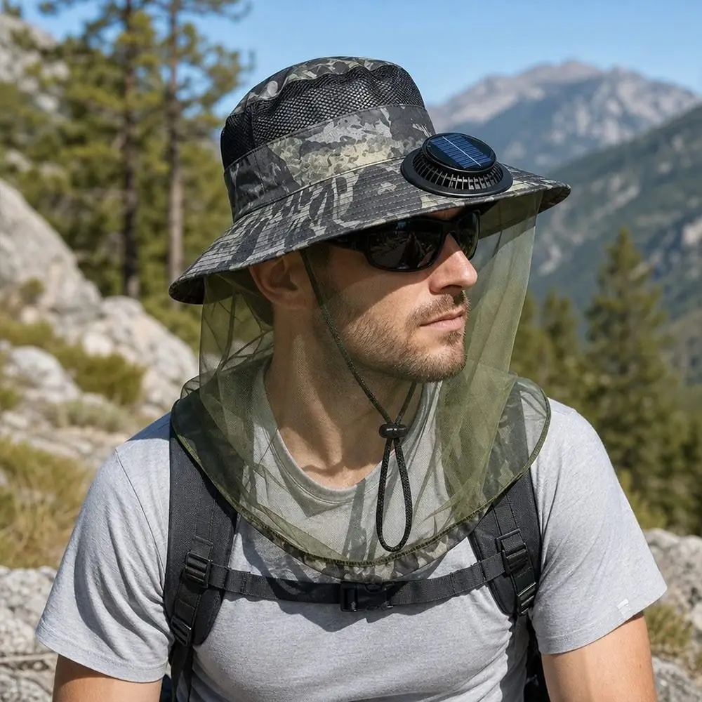 Creative Solar Powered Fan Hat Wide Brim USB Charging Sunshade Cap with Net Mesh Anti UV Fisherman Hat Summer