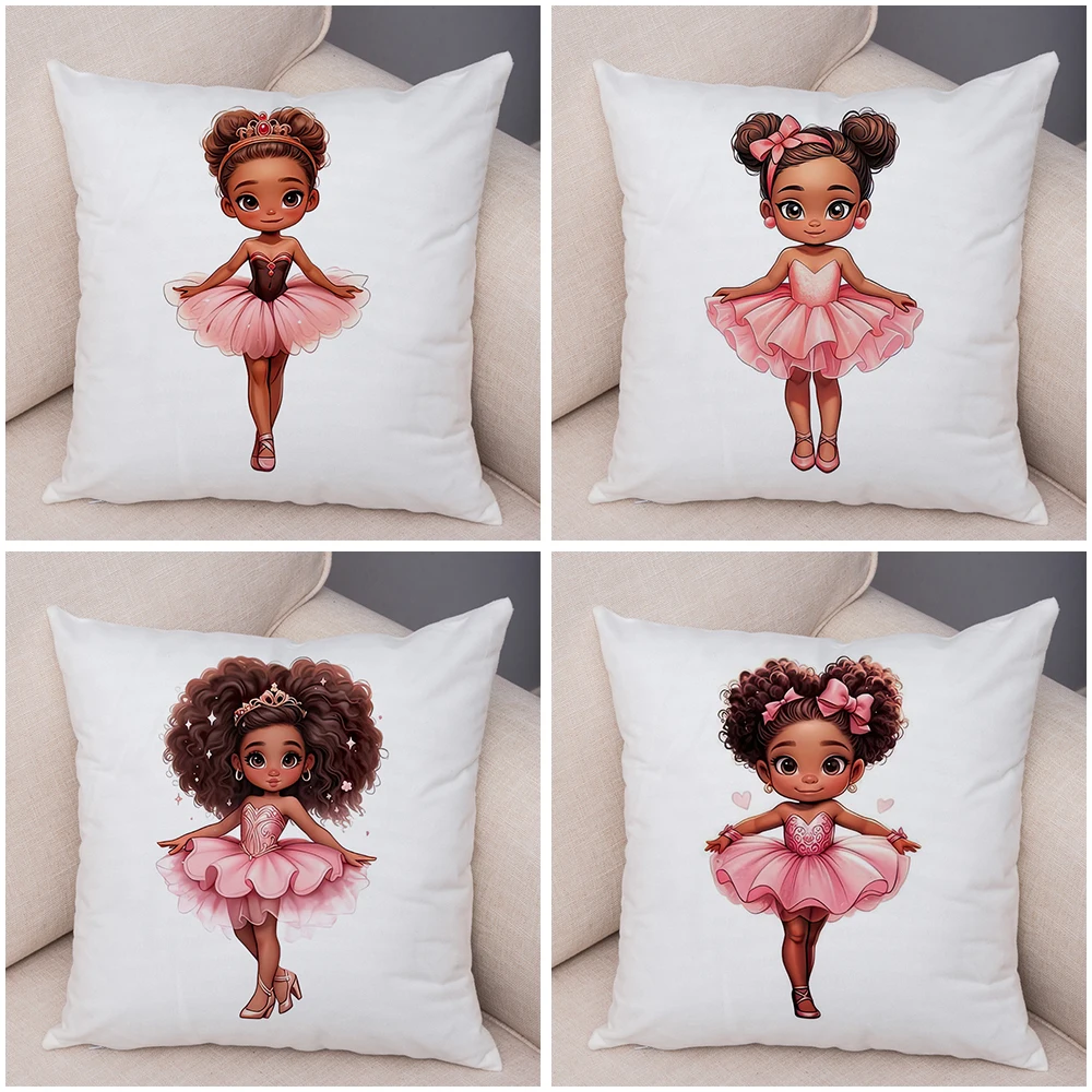 Nordic Style Pink Princess Girl Cushion Cover Decor Cartoon African Girl Pillow Case for Sofa Super Soft Short Plush Pillowcase