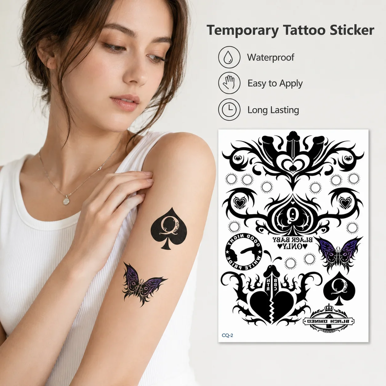 Black Spade Temporary Tattoo Sticker, Waterproof Poker Queen & Butterfly Body Art for Women, Gothic Fake Arm Tattoo