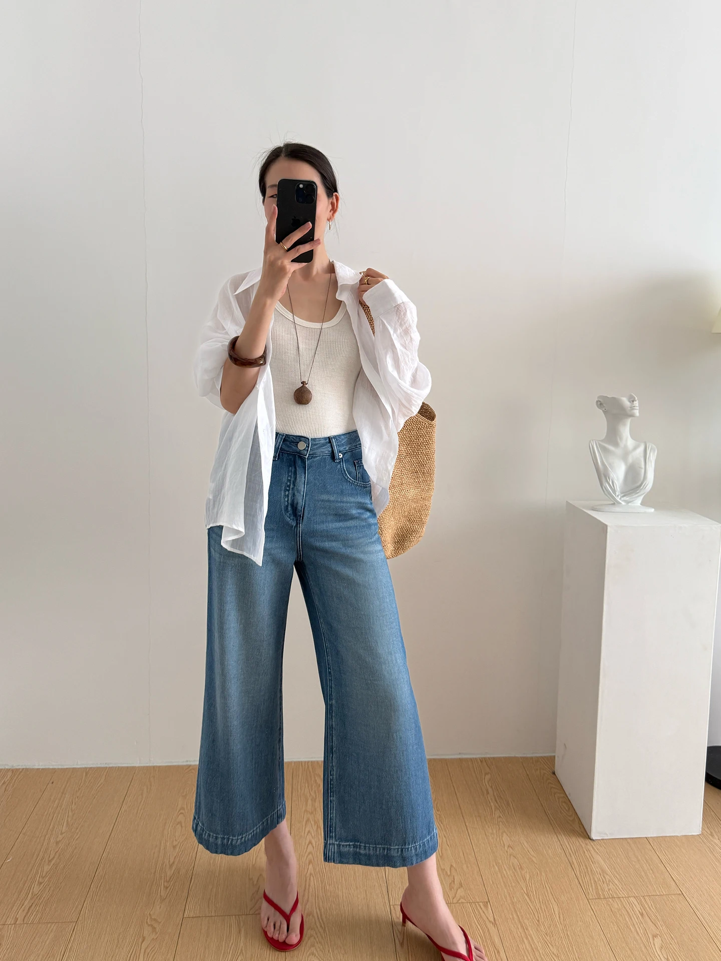 

Slim Straight Leg Jeans Women's Summer Casual Loose Fit Nine-Piece Thin Rayon Cotton Wide Leg Casual Pants Blue Denim