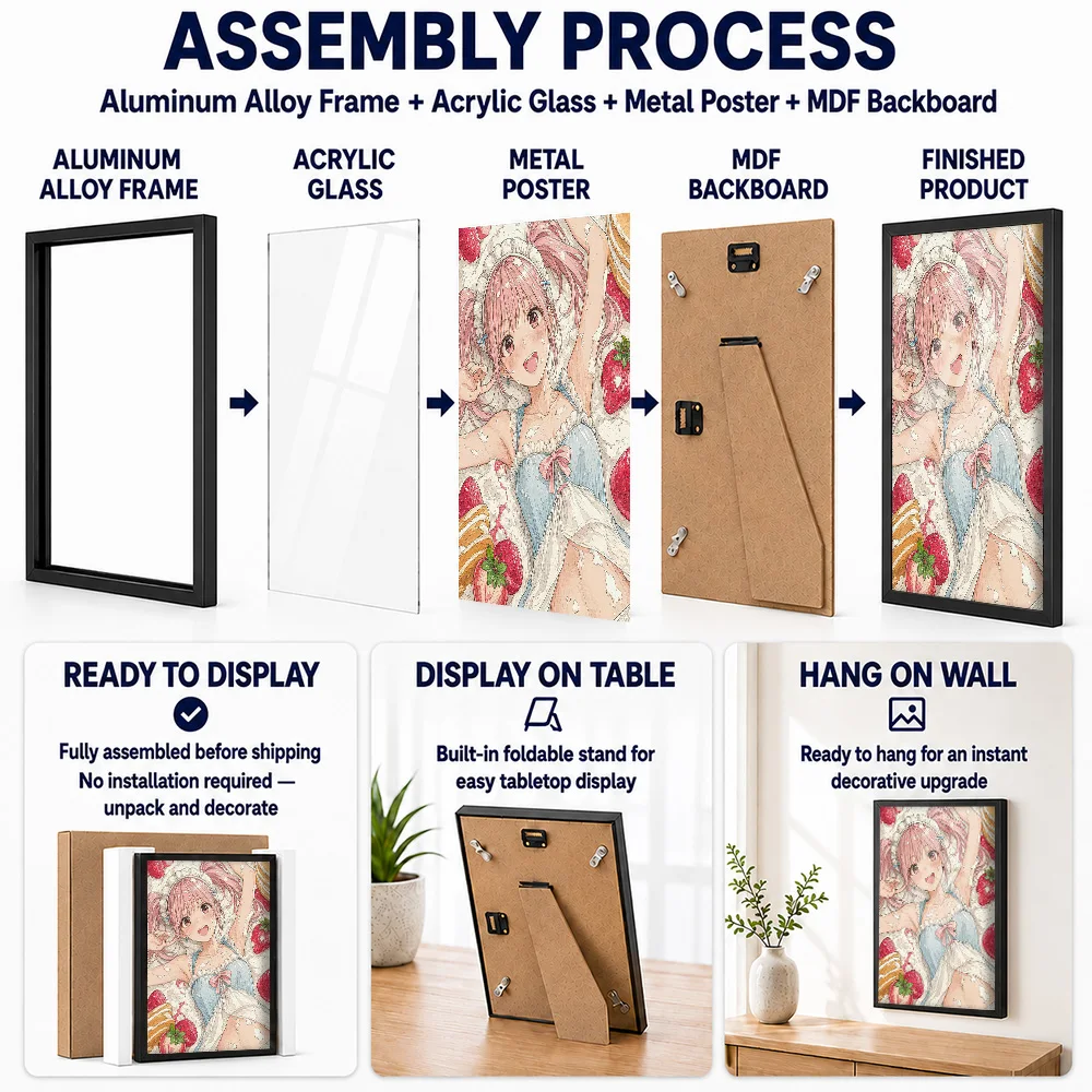 Anime Girl Surrounded By Strawberries Framed Aluminum Metal Poster Customized Hero Tribute Wall Art Ideal For Players In Studio