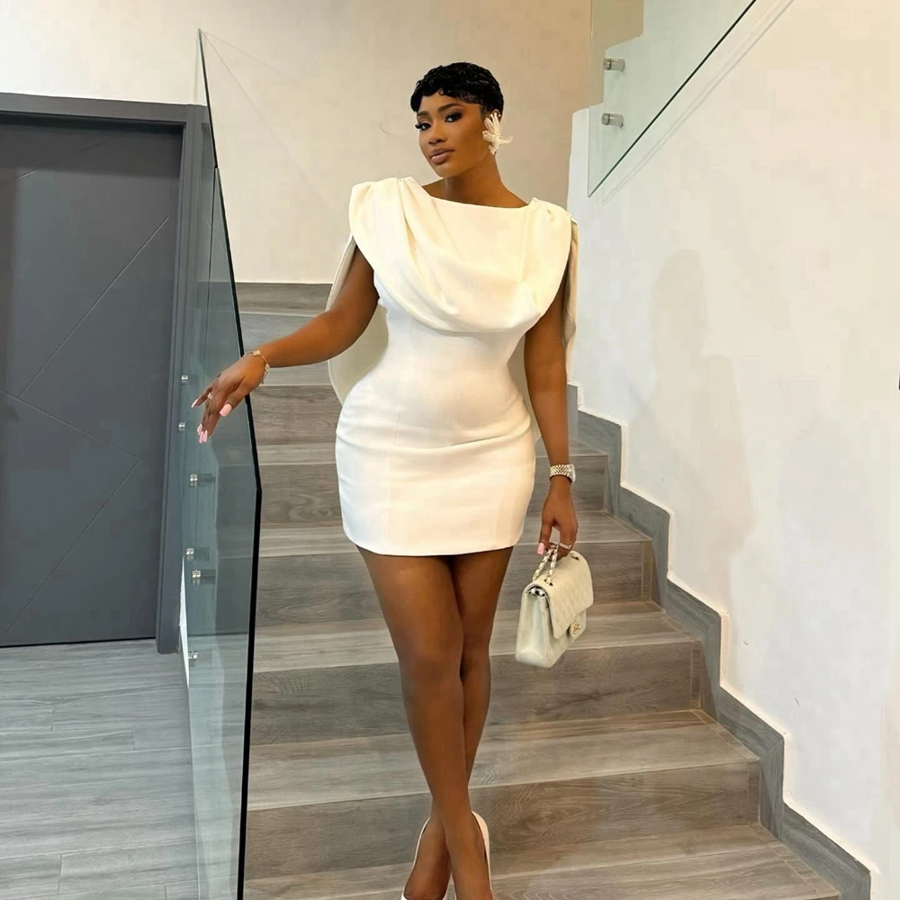 

Chic Satin Ruffles Mini Cocktail Dresses Plus Size Taffeta Mermaid Prom Party Gowns Africa Women Satin Short Evening Gowns