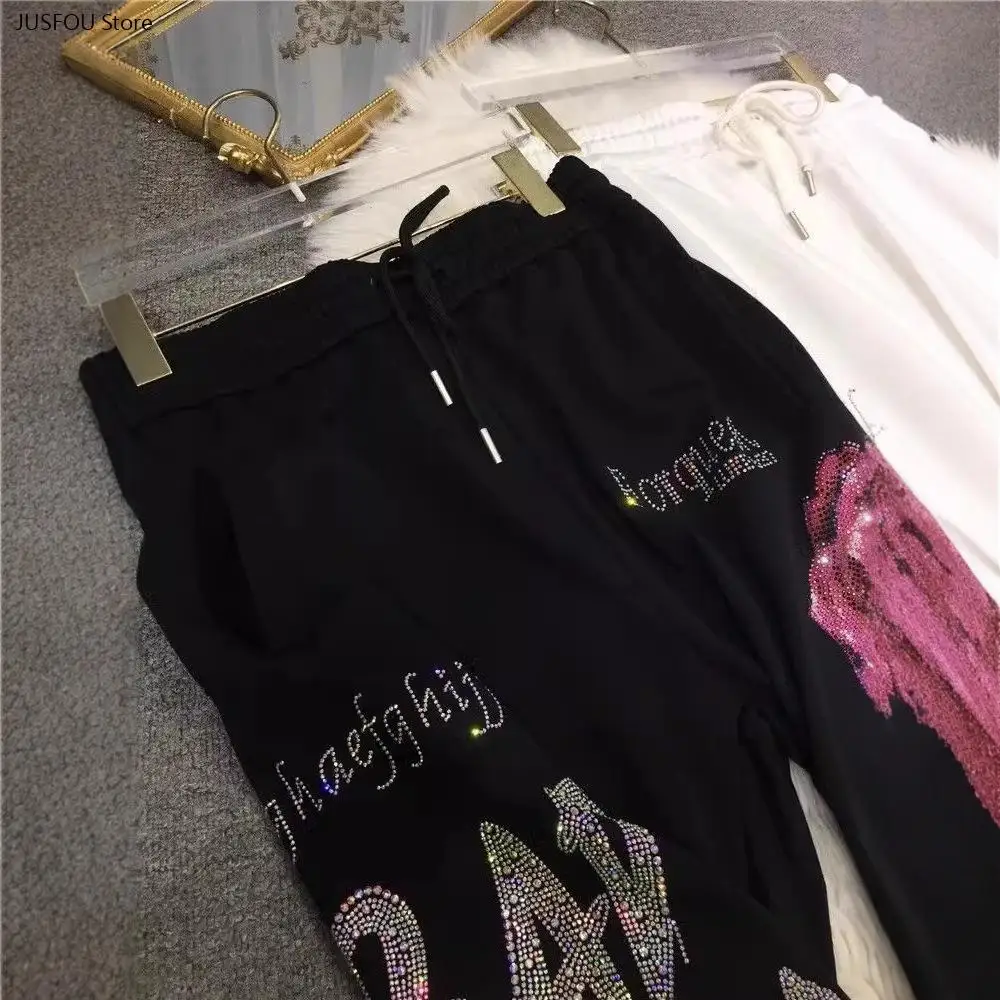 Women High Waist Cuffed Sweatpants New Flower Rhinestone Decor Loose Joggers Autumn Winter Casual Sports Trousers for Ladies