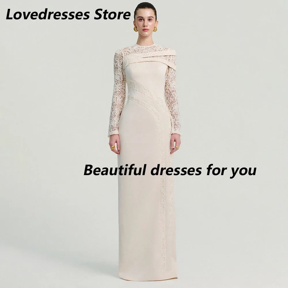 Customized Jersey Lace Flower Pattern Evening Dresses O-neck Full-sleeves Floor-length Pleated Asymmetrical Formal Prom Gown