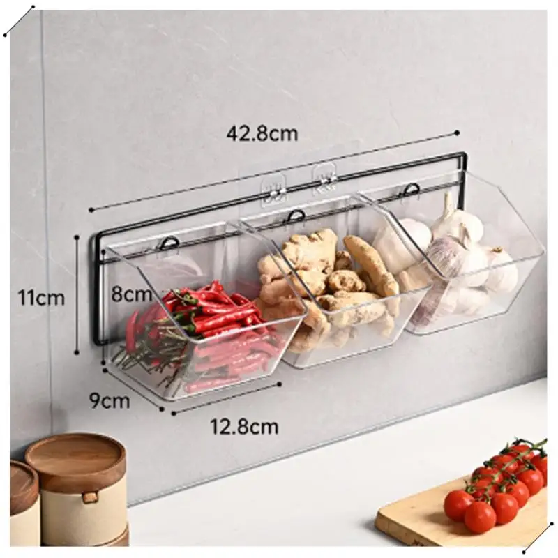 3 Compartments Wall Mounted Ginger Garlic Container Countertop Onion And Potato Storage Box With Metal Rack Durable Length 43Cm